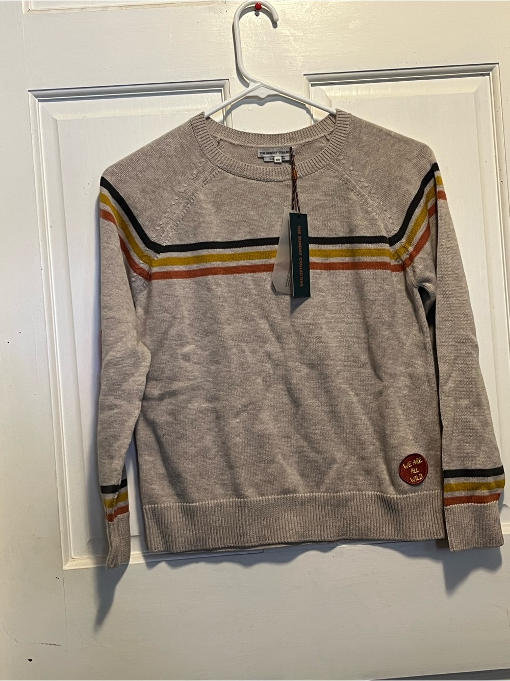 Kids Crewneck Sweater with Retro Stripe Detail - Beige